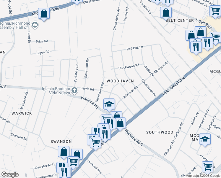 map of restaurants, bars, coffee shops, grocery stores, and more near 5126 Weatherford Road in Richmond