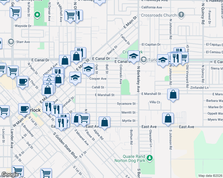 map of restaurants, bars, coffee shops, grocery stores, and more near 1434 Cahill Street in Turlock