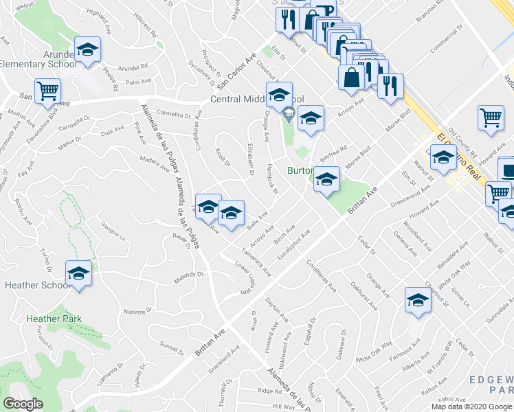 map of restaurants, bars, coffee shops, grocery stores, and more near 878 Knoll Drive in San Carlos