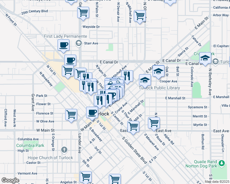 map of restaurants, bars, coffee shops, grocery stores, and more near 432 East Olive Avenue in Turlock