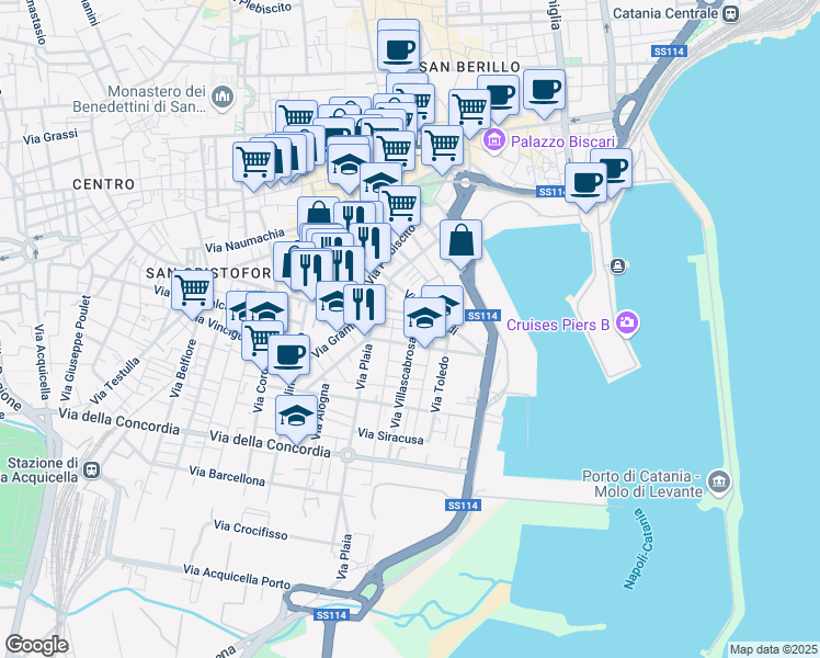 map of restaurants, bars, coffee shops, grocery stores, and more near 47 Via Murifabbro in Catania