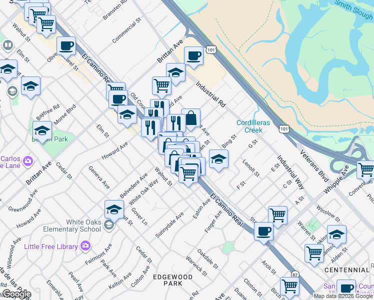 map of restaurants, bars, coffee shops, grocery stores, and more near 1601 Old County Road in San Carlos