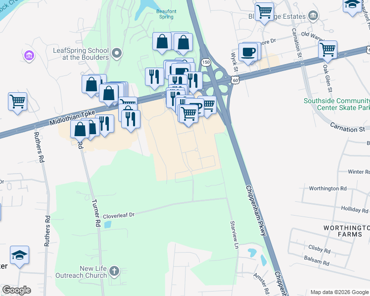 map of restaurants, bars, coffee shops, grocery stores, and more near 301 Karl Linn Drive in Richmond