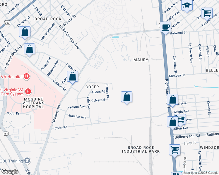 map of restaurants, bars, coffee shops, grocery stores, and more near 1409 Bangle Drive in Richmond