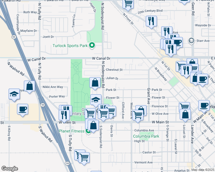 map of restaurants, bars, coffee shops, grocery stores, and more near 1143 Park Street in Turlock