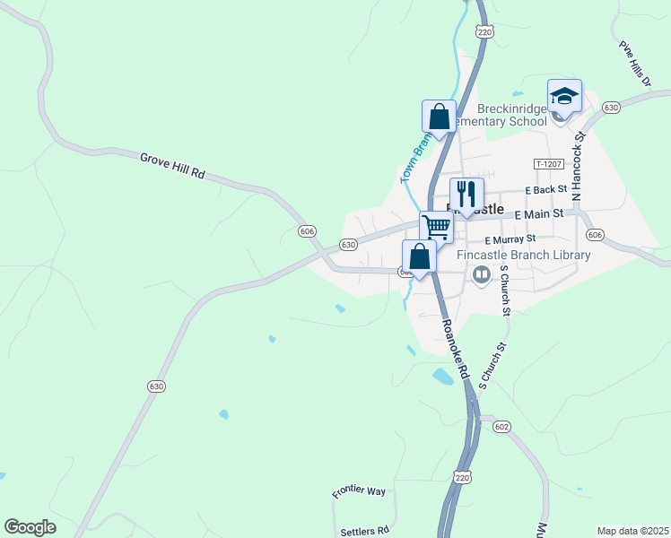 map of restaurants, bars, coffee shops, grocery stores, and more near Virginia 606 in Fincastle