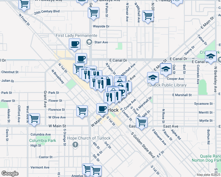 map of restaurants, bars, coffee shops, grocery stores, and more near 314 Mitchell Avenue in Turlock