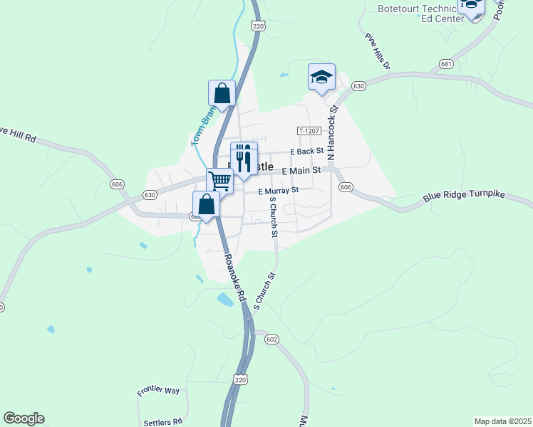 map of restaurants, bars, coffee shops, grocery stores, and more near 125 South Church Street in Fincastle