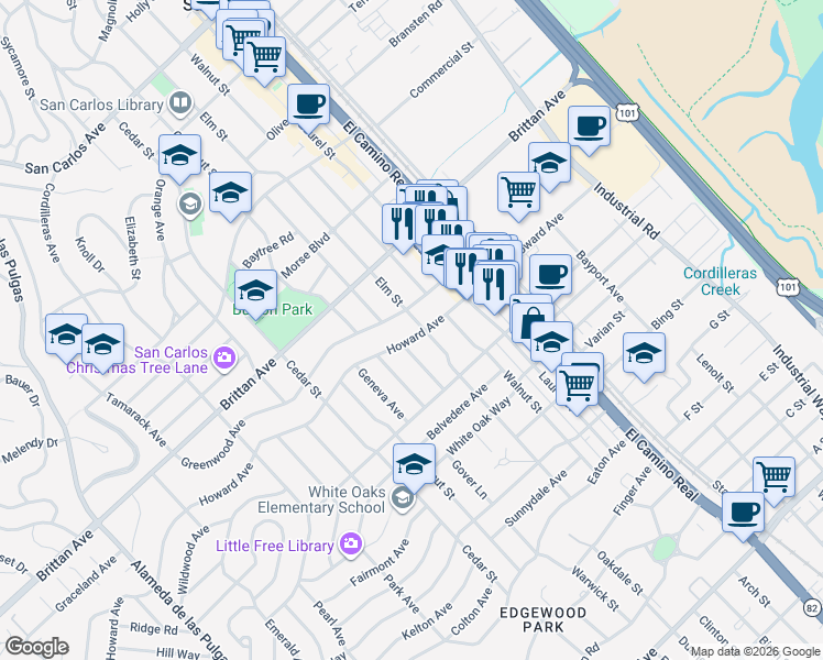 map of restaurants, bars, coffee shops, grocery stores, and more near 1244 Elm Street in San Carlos