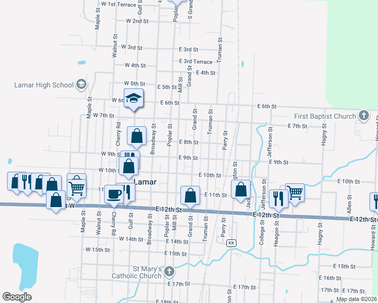 map of restaurants, bars, coffee shops, grocery stores, and more near 800-898 Mill Street in Lamar