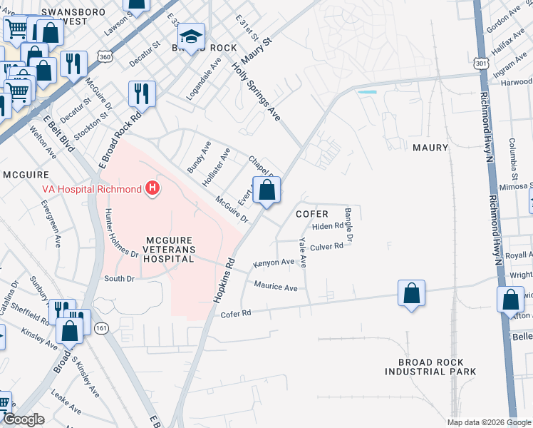 map of restaurants, bars, coffee shops, grocery stores, and more near 1473 Hopkins Road in Richmond