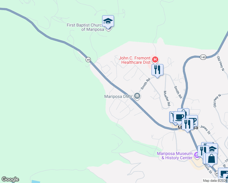 map of restaurants, bars, coffee shops, grocery stores, and more near 5303 California 49 in Mariposa