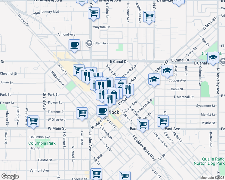map of restaurants, bars, coffee shops, grocery stores, and more near 314 Mitchell Avenue in Turlock