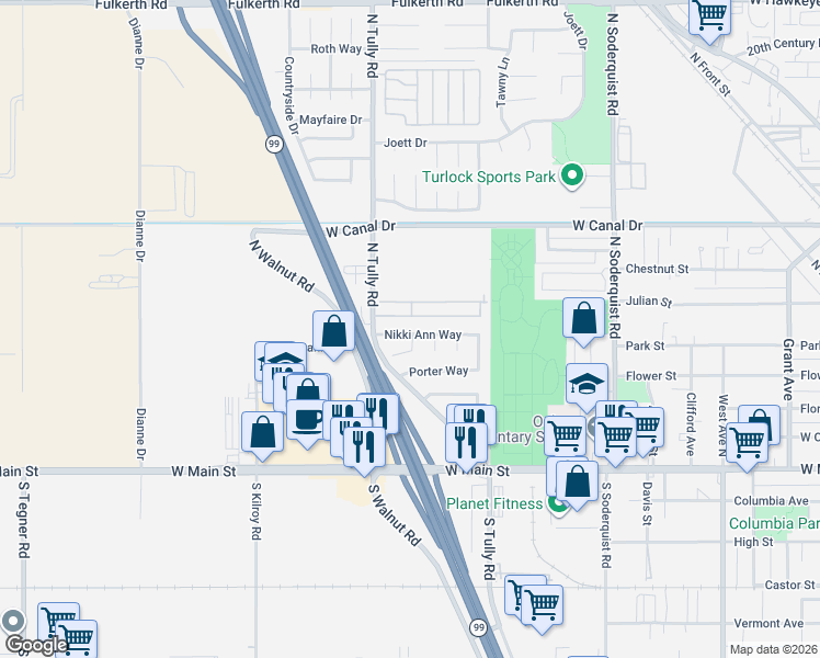 map of restaurants, bars, coffee shops, grocery stores, and more near 1941 Nikki Ann Way in Turlock