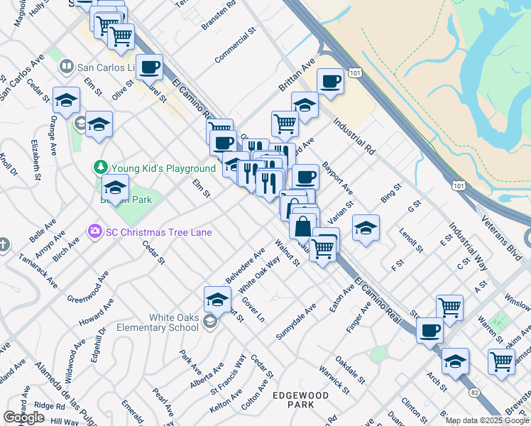 map of restaurants, bars, coffee shops, grocery stores, and more near 1200 Belmont Avenue in San Carlos