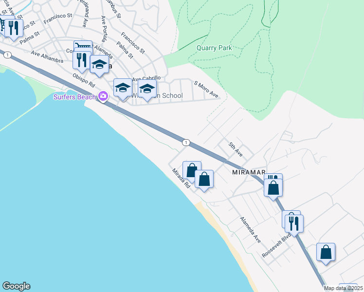 map of restaurants, bars, coffee shops, grocery stores, and more near 201 Magellan Avenue in Half Moon Bay