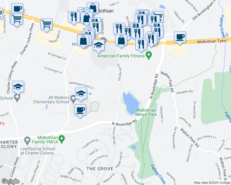 map of restaurants, bars, coffee shops, grocery stores, and more near 13300 Enclave Drive in Midlothian