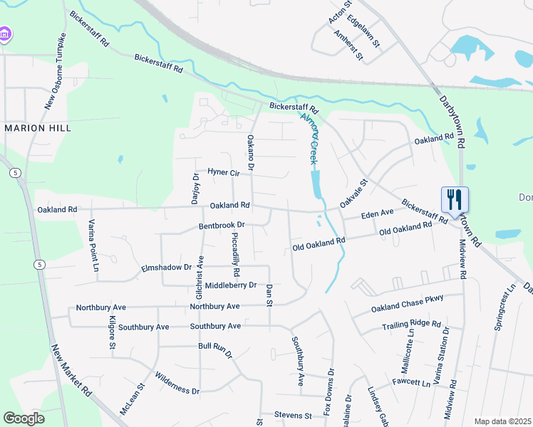 map of restaurants, bars, coffee shops, grocery stores, and more near 1409 Oakland Road in Henrico