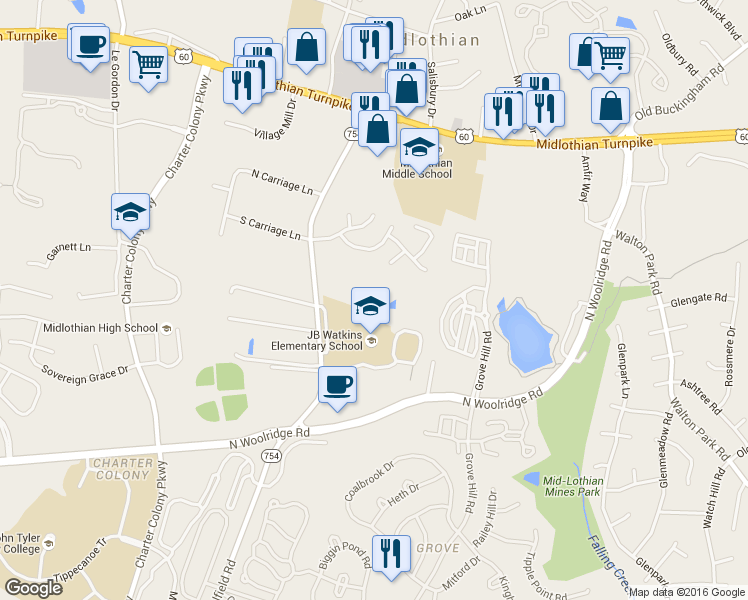 map of restaurants, bars, coffee shops, grocery stores, and more near 331 Coalfield Road in Midlothian