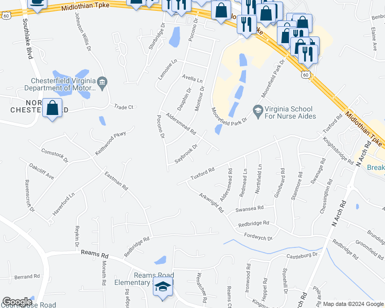 map of restaurants, bars, coffee shops, grocery stores, and more near 401 Saybrook Drive in Richmond
