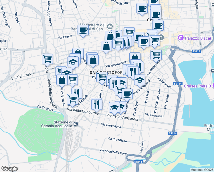 map of restaurants, bars, coffee shops, grocery stores, and more near 53 Via Vinciguerra in Catania