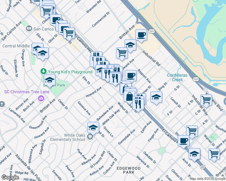 map of restaurants, bars, coffee shops, grocery stores, and more near 1364 Laurel Street in San Carlos