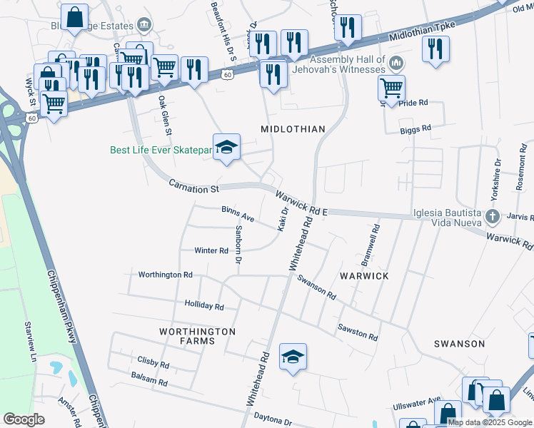map of restaurants, bars, coffee shops, grocery stores, and more near 625 Holdcroft Drive in Richmond