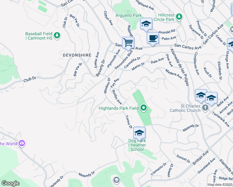 map of restaurants, bars, coffee shops, grocery stores, and more near 38 Roslyn Avenue in San Carlos