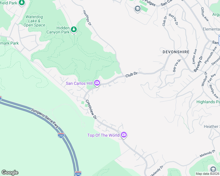 map of restaurants, bars, coffee shops, grocery stores, and more near 6 Poppy Lane in San Carlos