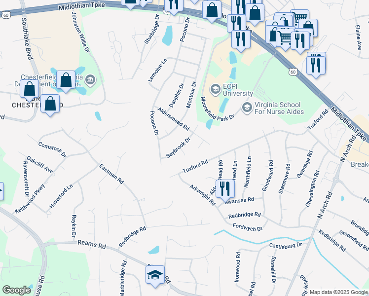 map of restaurants, bars, coffee shops, grocery stores, and more near 401 Saybrook Drive in Richmond