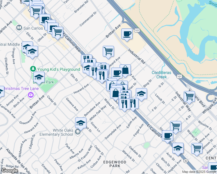 map of restaurants, bars, coffee shops, grocery stores, and more near 1410 El Camino Real in San Carlos