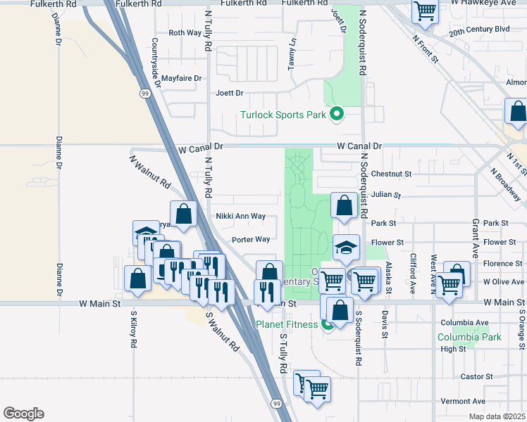 map of restaurants, bars, coffee shops, grocery stores, and more near 1781 Nikki Ann Way in Turlock
