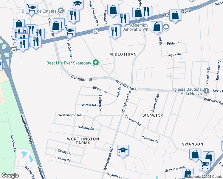 map of restaurants, bars, coffee shops, grocery stores, and more near 625 Holdcroft Drive in Richmond