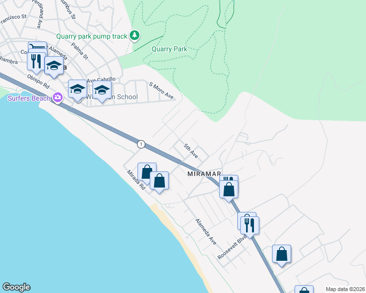 map of restaurants, bars, coffee shops, grocery stores, and more near 401 Medio Avenue in Half Moon Bay