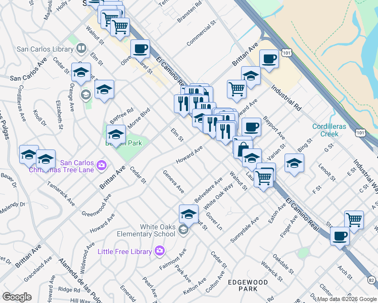 map of restaurants, bars, coffee shops, grocery stores, and more near 1244 Elm Street in San Carlos