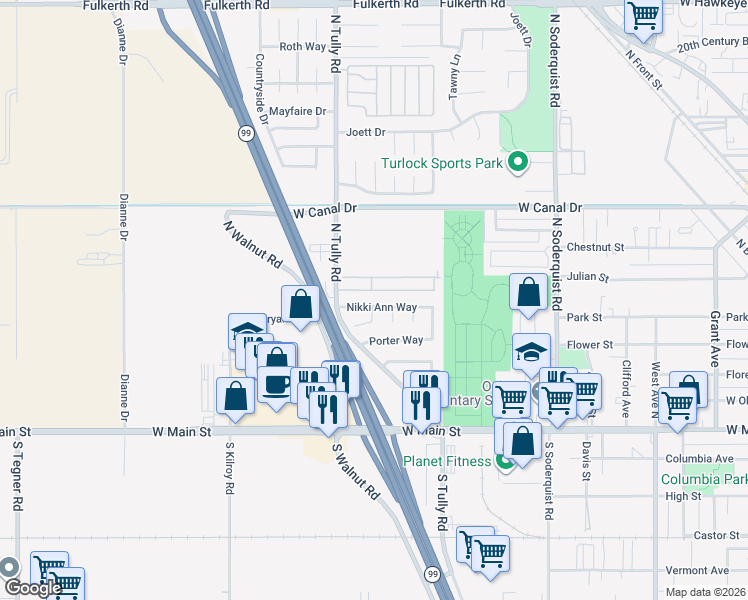 map of restaurants, bars, coffee shops, grocery stores, and more near 1941 Nikki Ann Way in Turlock
