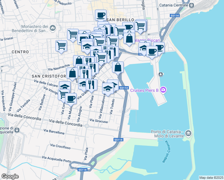 map of restaurants, bars, coffee shops, grocery stores, and more near 81-103 Via Murifabbro in Catania
