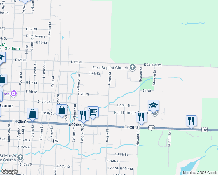 map of restaurants, bars, coffee shops, grocery stores, and more near 801 Hagny Street in Lamar