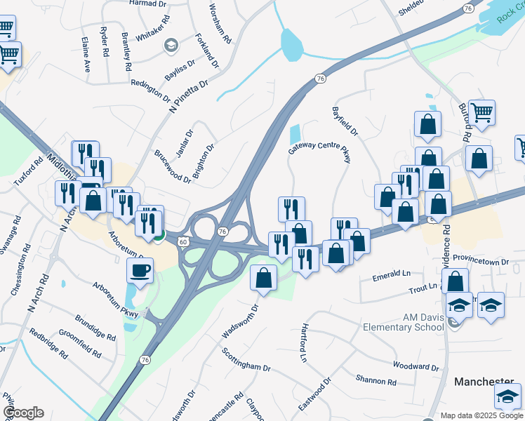 map of restaurants, bars, coffee shops, grocery stores, and more near 100 Gateway Centre Parkway in Richmond
