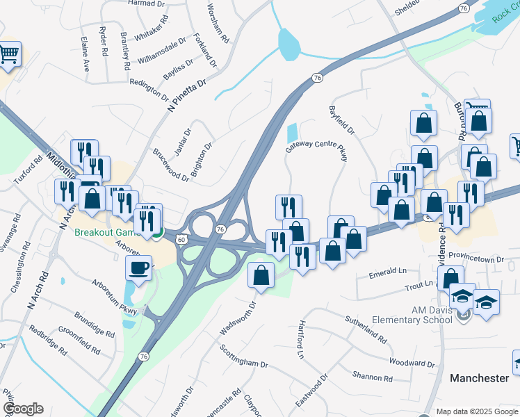 map of restaurants, bars, coffee shops, grocery stores, and more near 100 Gateway Centre Parkway in Richmond