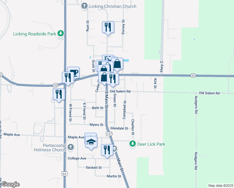 map of restaurants, bars, coffee shops, grocery stores, and more near 105 Green Street in Licking