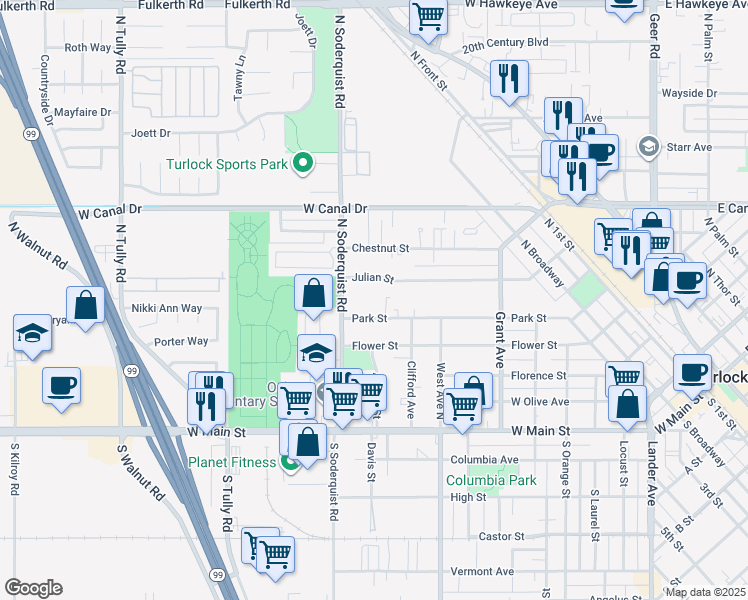 map of restaurants, bars, coffee shops, grocery stores, and more near 1025 Park Street in Turlock