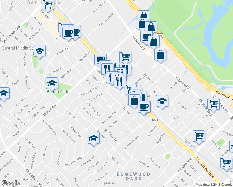 map of restaurants, bars, coffee shops, grocery stores, and more near 1200 Belmont Avenue in San Carlos
