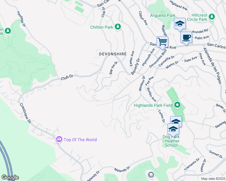 map of restaurants, bars, coffee shops, grocery stores, and more near 312 Devonshire Boulevard in San Carlos
