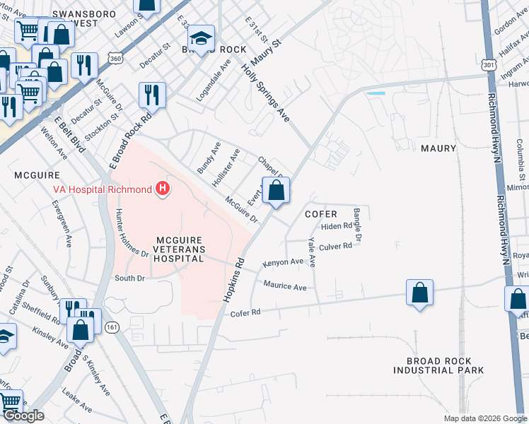 map of restaurants, bars, coffee shops, grocery stores, and more near 1473 Hopkins Road in Richmond