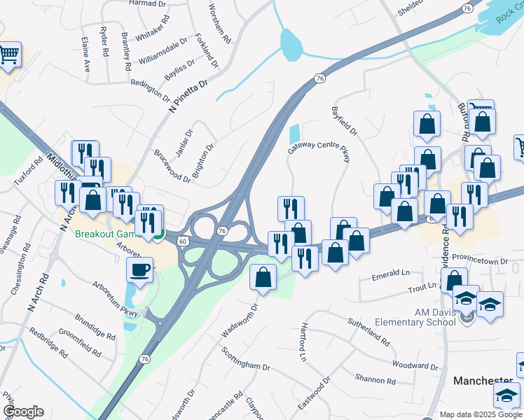 map of restaurants, bars, coffee shops, grocery stores, and more near 100 Gateway Centre Parkway in Richmond
