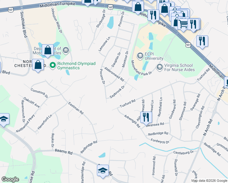 map of restaurants, bars, coffee shops, grocery stores, and more near 339 Saybrook Drive in Richmond