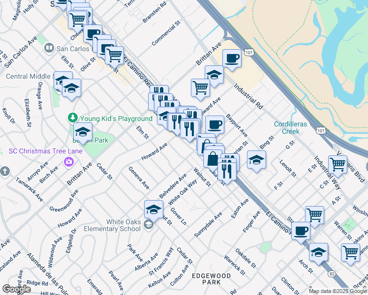 map of restaurants, bars, coffee shops, grocery stores, and more near 1348 Laurel Street in San Carlos