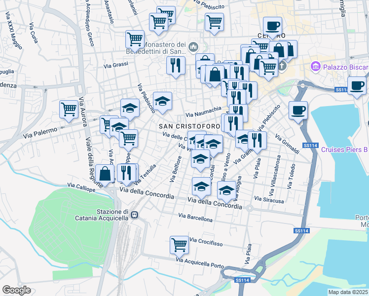 map of restaurants, bars, coffee shops, grocery stores, and more near 53 Via Vinciguerra in Catania