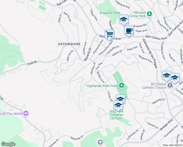 map of restaurants, bars, coffee shops, grocery stores, and more near Windsor Drive in San Carlos